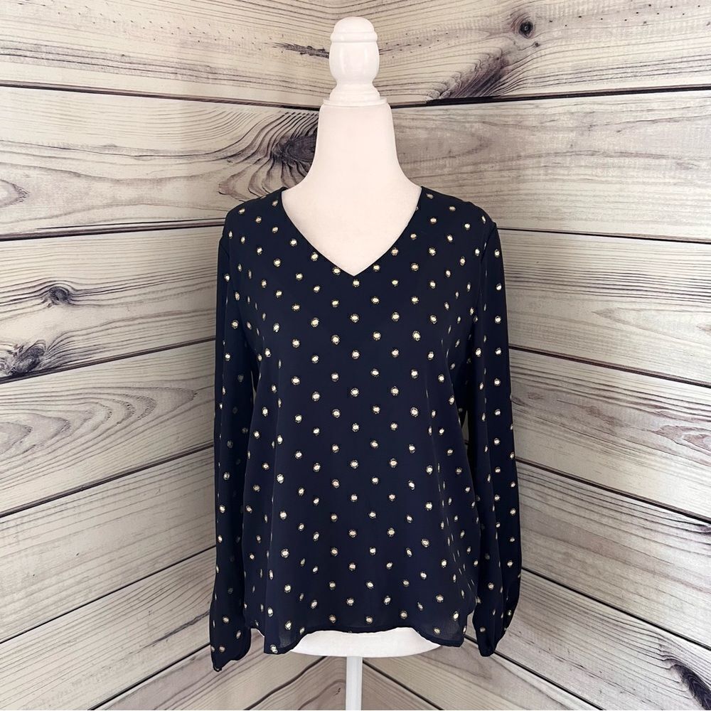 Stitch Fix Kaileigh Navy Blue & Gold Polka Dot V Neck Blouse